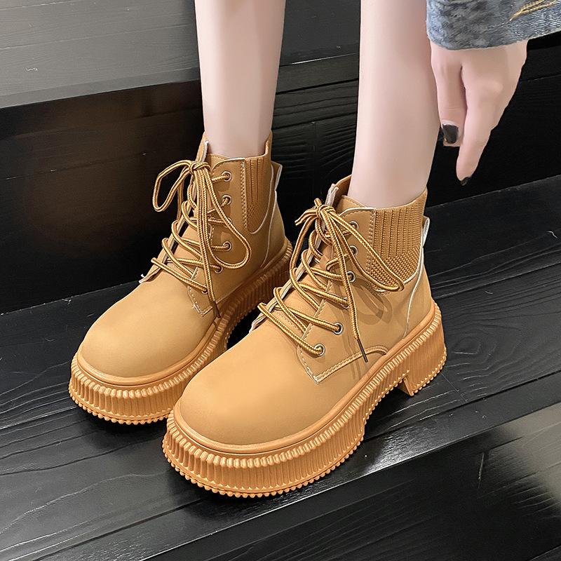 Thick Sole Boots Women's 2024 Autumn/Winter New Vintage High Top Lace Up Casual Shoes Fashion Knitted Short Boots Women Shoes