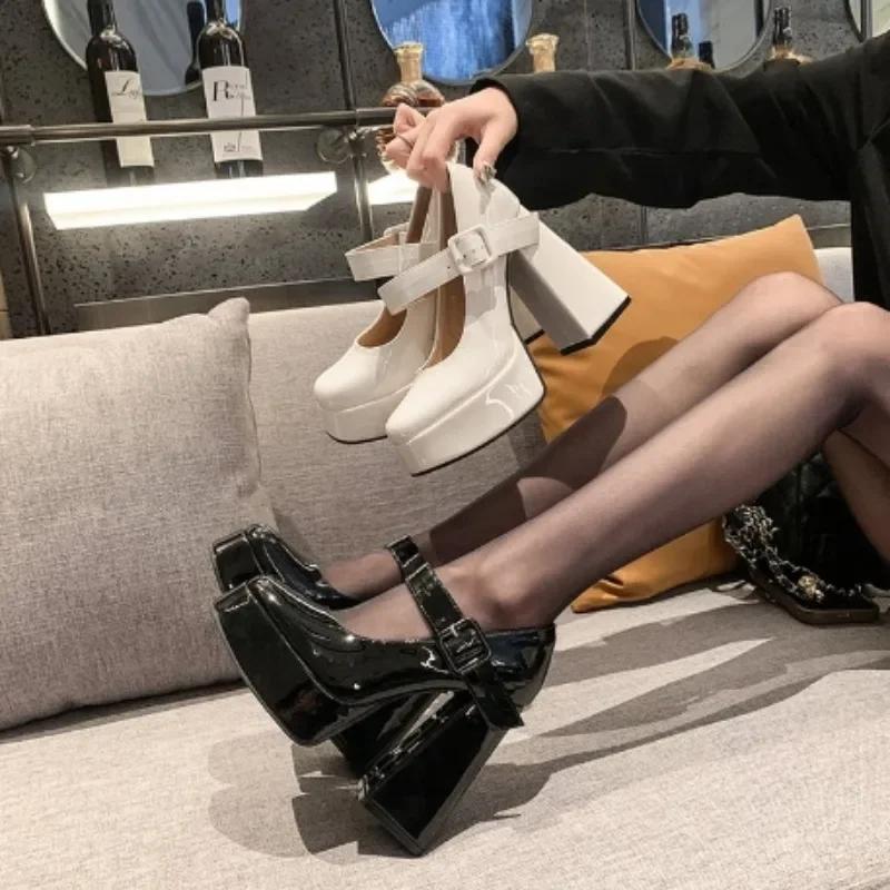 Модная обувь для женщин 2024 года, модные женские туфли-лодочки с квадратным носком, осенние туфли Мэри Джейн с мелкой пряжкой, однотонные туфли для вечеринок на массивном каблуке