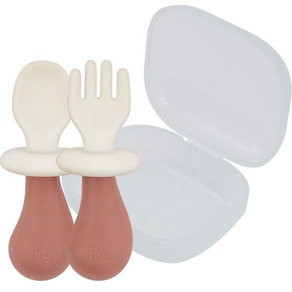 Fergie Infant Mushroom Self-directed Silicone Baby Food Spoon + Fork + Case Set, 1 Set, Dry Rose