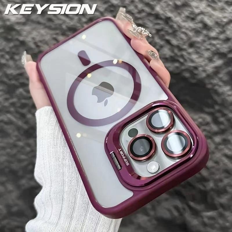 KEYSION Magnetic Transparent Phone Case for MagSafe for iPhone 15 16 Pro Max 16 Plus 16e Lens Protector Metal Stand Shockproof Cover