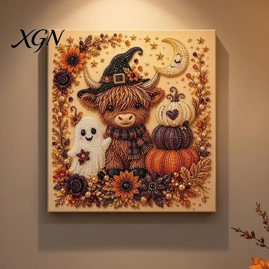 Handmade Gift for Craft Enthusiasts 2Pcs Halloween Faux Pearl Art, Ghost Pumpkin Witch Crow Painting DIY Sparkling Bead Set Kit, 3D Skull