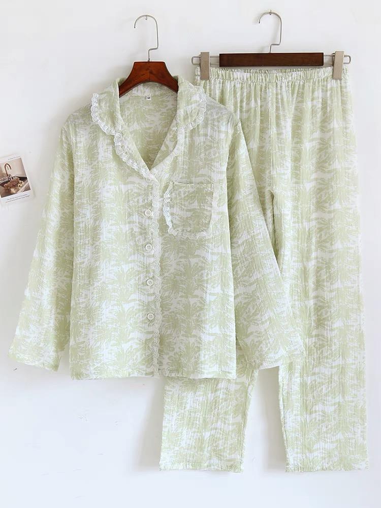 Весенняя женская пижама, летняя домашняя одежда из хлопкового крепа, длинные рукава, длинные брюки, комплект из 2 предметов, женский комплект для дома