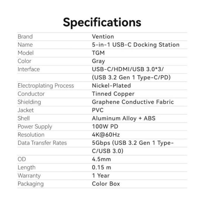 Docking USB Tipo-C Vention TGMHB- 3xUSB- 1xHDMI- 1xUSB Tipo-C PD