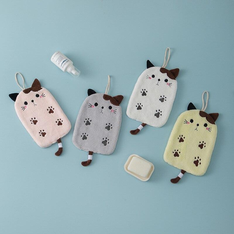 Strong Absorbent Hanging Cat Embroidery Towel Home Decor Dual-use Coral Velvet Hand Towel Bathroom Supplies Towel