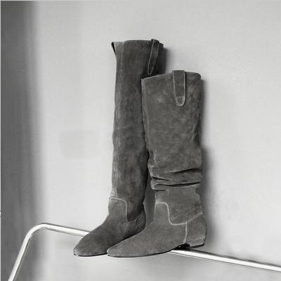 Модные ботфорты из искусственной замши с плиссировкой, женские, с острым носком, на низком каблуке, слипоны, длинные, женские осенние ботинки-рыцари