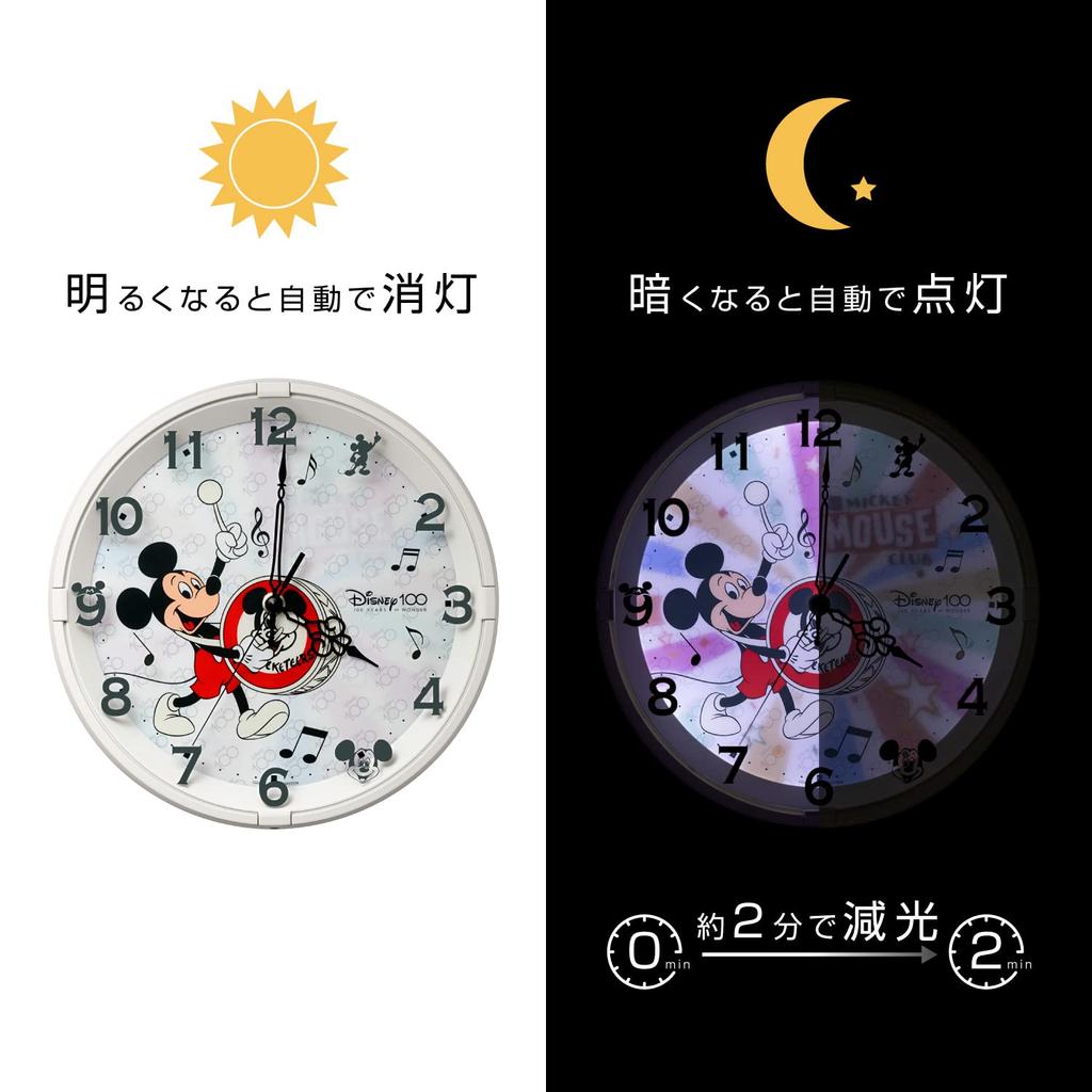 RHYTHM Disney 100th Anniversary Disney 100 Wall Clock Dial Changes When It Gets Dark Silent White 8MG817MC72 (Mickey Mouse) 28×5.2cm