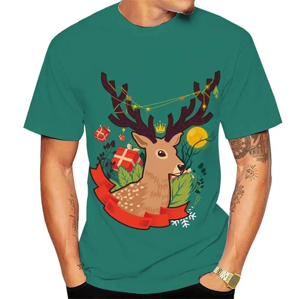 Christmas Elk 3D Print T Shirt For Men X'mas Harajuku Streetwear Fashion O-neck Short Sleeve New Year Gift Oversized TOPS