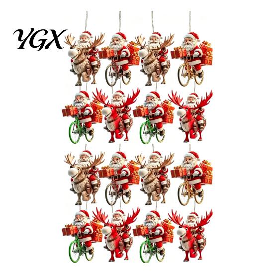 Lightweight Wood Holiday Gift Tags 8/16/24/32Pcs 2D Flat Christmas Wooden Ornaments, Santa Claus Riding Bicycle Hanging Tree Accessories Decor,