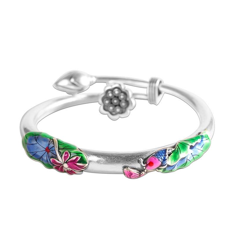 Zuyin 990 Enamel Colored Lotus Fish Koi Lotus Little Fish Lotus Peng Retro Drip Glue Burnt Blue Bracelet