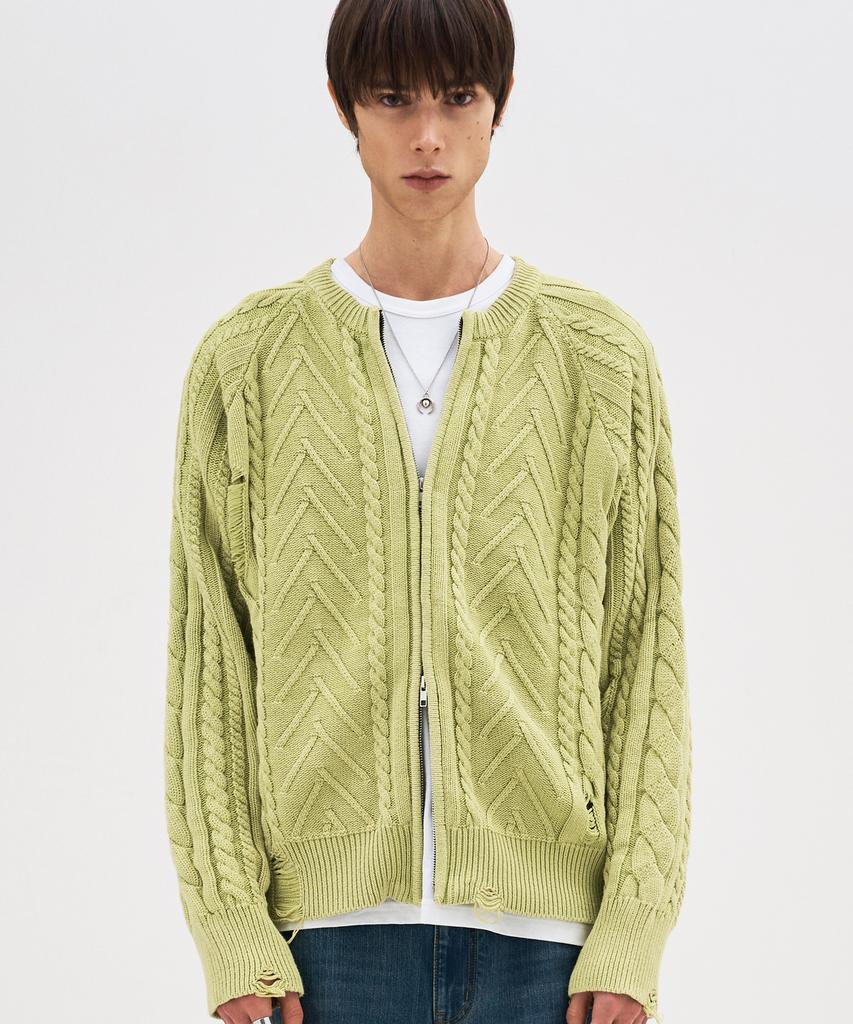 DOFFJASON Vintage Washed Cable Knit Zip-Up Lime