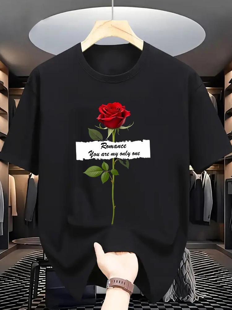 Unisex O Neck Tee Elegant Red Rose Text Slogan Print Cotton Short Sleeve Loose Summer Street Breathable Daily Casual Basic Wear Top