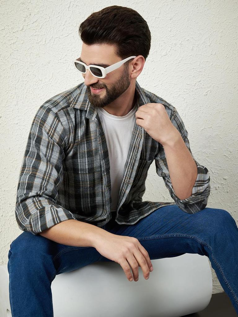 Рубашка из серой фланелевой ткани из 100% хлопка с накладным карманом, длинные рукава, плотность 180 г/м²