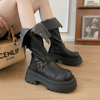 Мода Новая Женская Обувь Базовая Классика Сапоги до колена Женские Пряжка на ремне Боковая молния Круглый носок Обувь на танкетке платформе Женская Zapatos Mujer