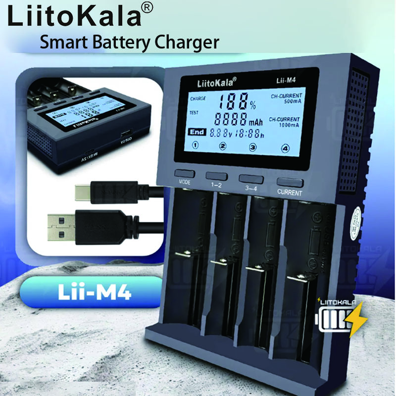 Умное зарядное устройство LiitoKala Lii-M4 с ЖК-дисплеем, универсальное, 4 слота для 18650 26650 21700 AA AAA, 5V 2A, тестирование емкости