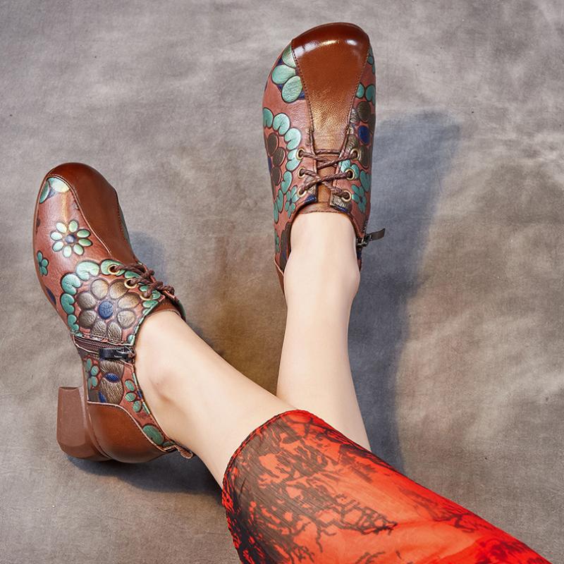 Johnature Женская обувь с принтом, туфли-лодочки из натуральной кожи в этническом стиле с круглым носком на толстом каблуке и мягкой подошвой