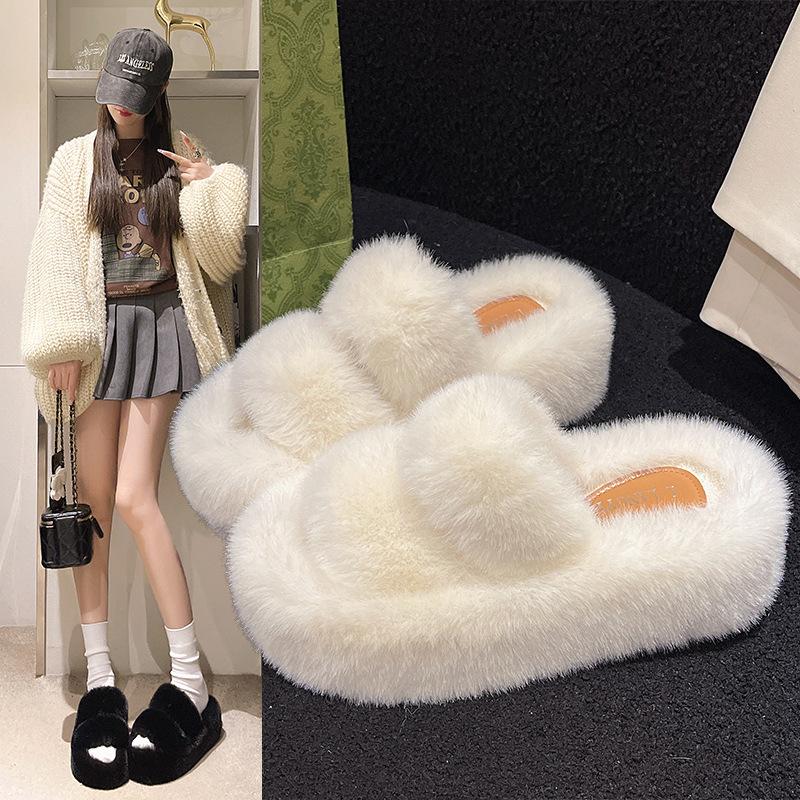 Foreign Trade Large-size Fluffy Slippers for Women's Outer Wear 2025 New Korean Version of Home Furnishing Autumn and Winter One-word Thick-soled Cott