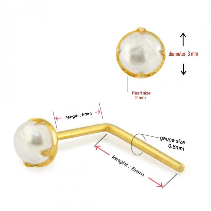 KODY PIERCING 9K Gold L-Shaped Pearl Nose Stud - Quality Piercing