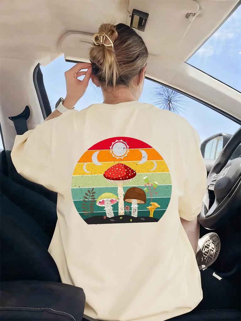 Mushroom Moon Witchy Prints TShirt Womens Summer ONeck T Shirts Comfortable Loose Short Sleeve Tops Casual Soft Woman Clothing