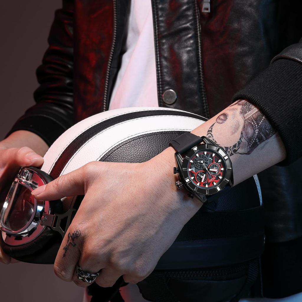 [BUREI] Мужские часы с хронографом, кварцевые, мужские часы, аналоговые, водонепроницаемые, дата, черные, с уретановым ремешком, мужские часы в подарок