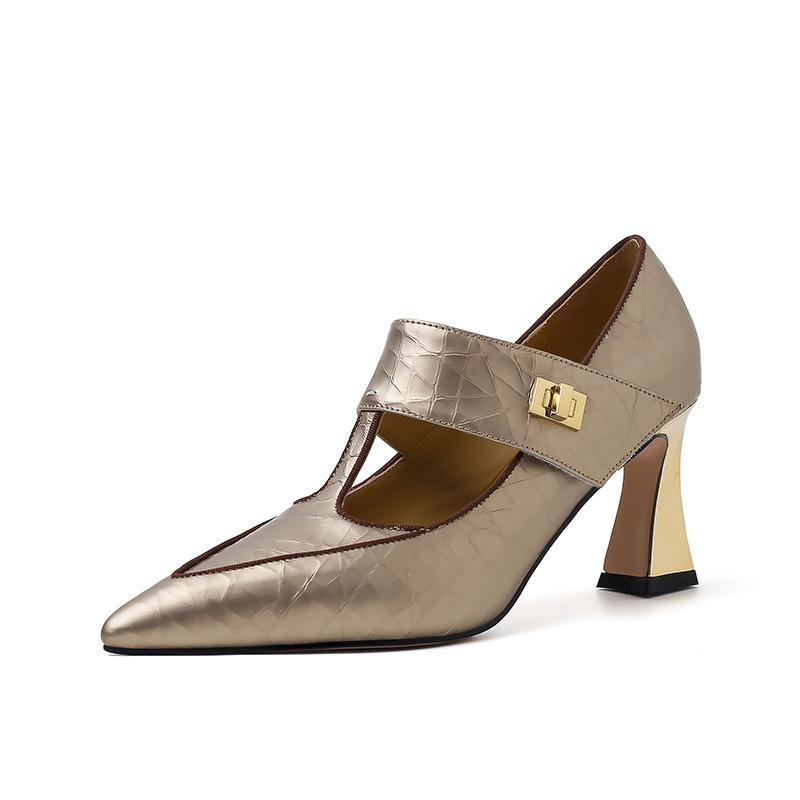 Мода Легкая Роскошь 2024 Винтажная Кожа Коровы Золотые Туфли Мэри Джейн С Танга Женские Толстые Каблуки Остроносые Одинарные Туфли Женские Высокие Каблуки