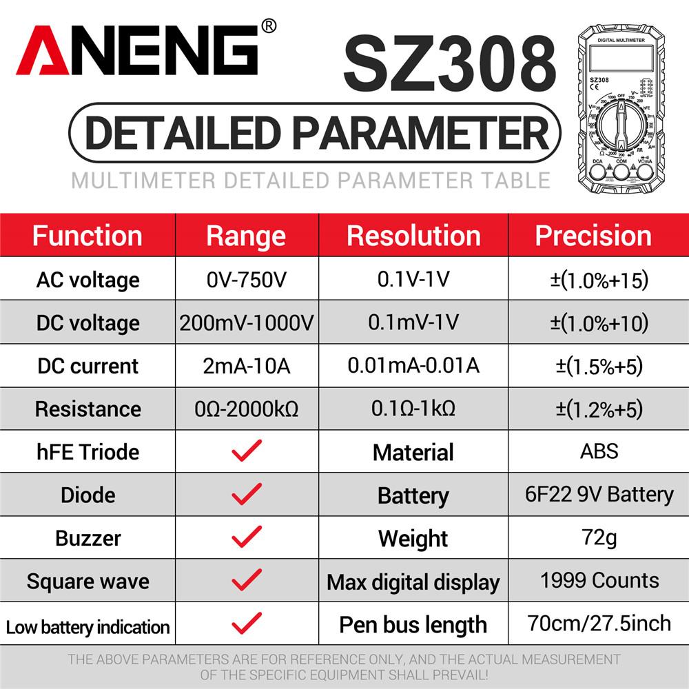 ANENG SZ308 Digital Multimeter Meter Meter Electrician LCD Backlight Ohm Square Wave Test Tools Current Voltage Resistance AC/DC