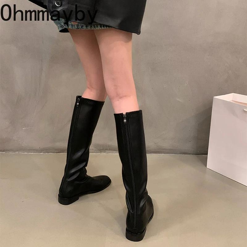 Мода Ретро Стиль Женщины Рыцарь Высокие Сапоги Мода Мягкая Кожа Тонкие Длинные Ботинки Осень Зима Дамы Плоская Обувь