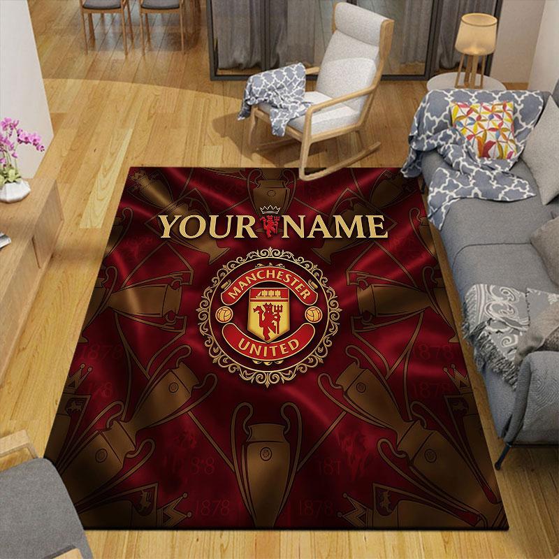 Custom Name,Manchester United FC Home Sofa Decoration for Living Room & Bedroom, Non‑Slip Play Flannel Floor Mat for Game Room