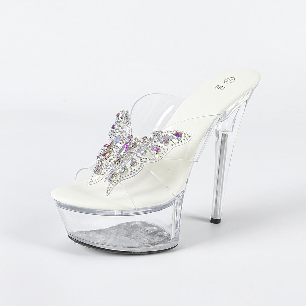 Стразы Сексуальные Высокие Каблуки 15СМ Тонкий Каблук Водонепроницаемые Тапочки на Платформе Прозрачные Хрустальные Туфли Свадебные Туфли Банкетные Высокие Каблуки
