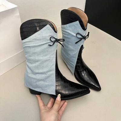 Модные осенне-зимние 2025 новые нишевые западные джинсовые ботильоны, женственные с острым носком, с бантом на голенище, на блочном каблуке, ботильоны для брюк
