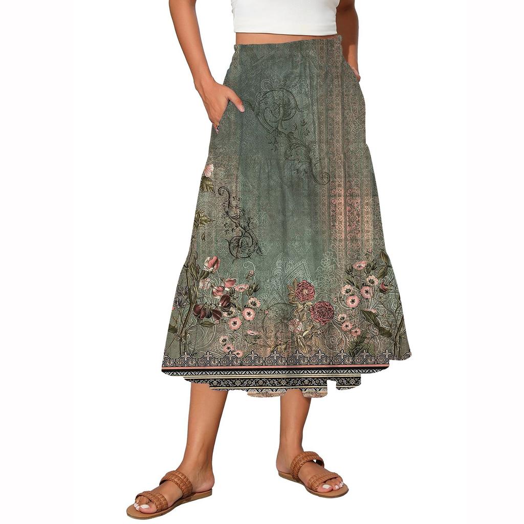 Женская винтажная градиентная струящаяся расклешенная юбка-макси с оборками