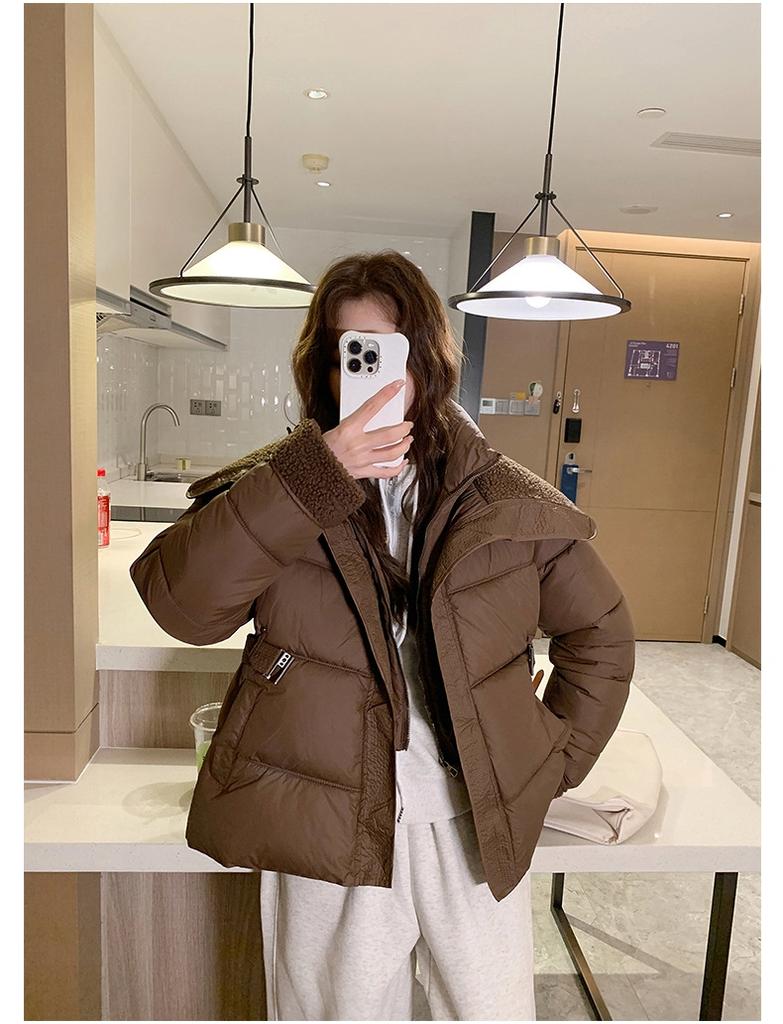 Short Lamb Wool Lapel Padded Jacket with Belt