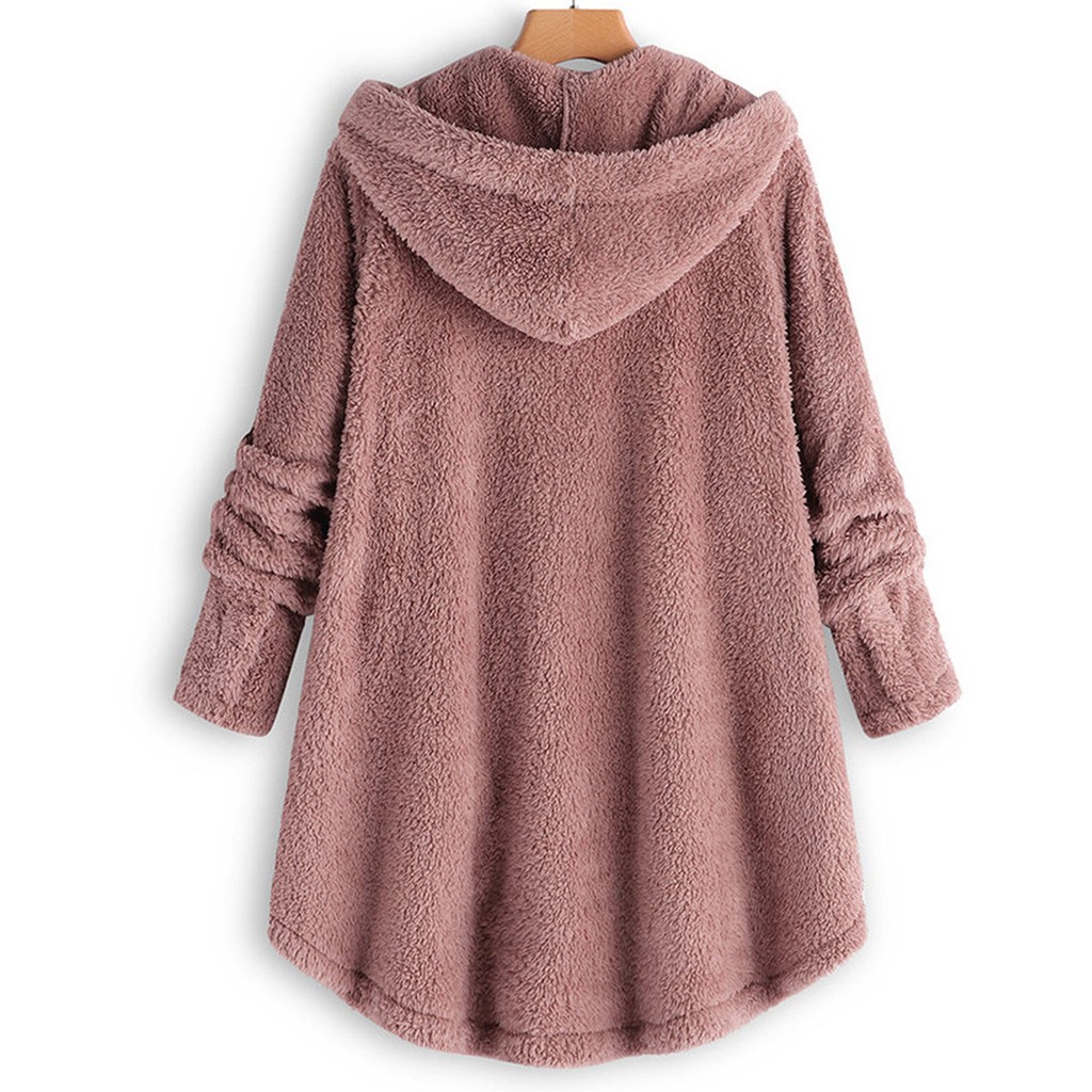 Women Plus Size Button Plush Tops Hooded Loose Cardigan Wool Coat Winter Jacket