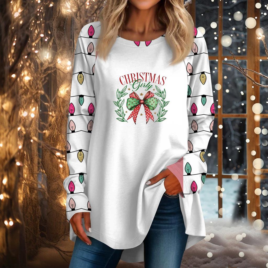 Женская повседневная футболка больших размеров с длинными рукавами и круглым вырезом с рождественским принтом, топ, пуловер