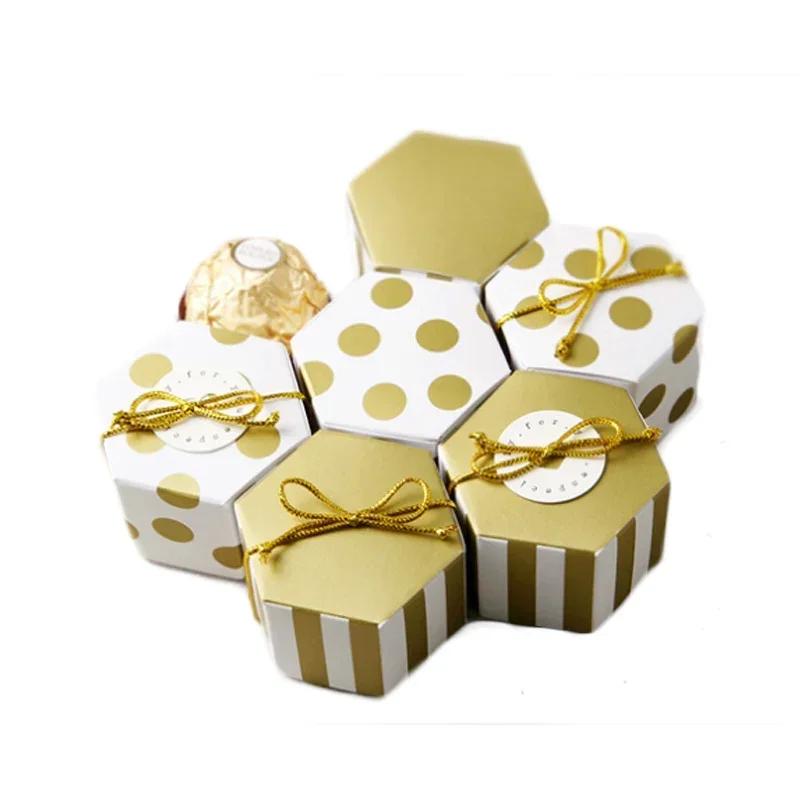 50pcs Mini Gold Round Dot Striped Hexagonal Candy Box for Wedding Birthday Party Decoration Favor Gift Souvenirs Packaging