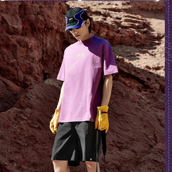 Li-Ning Letter Print Crew Neck Pullover Loose Short Sleeve T-Shirt Unisex Tops Ash-Purple AHSU255-2