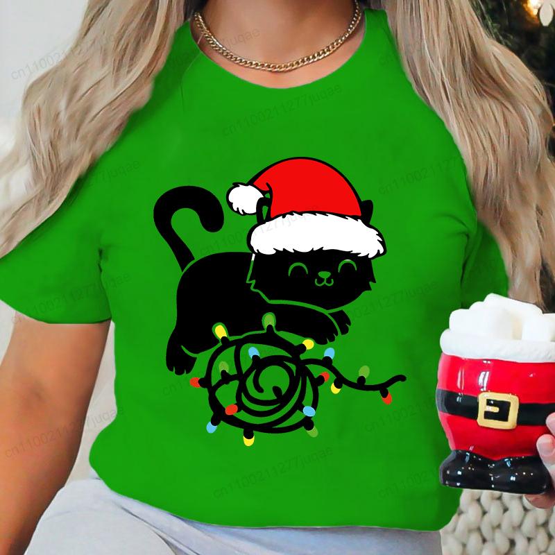 Christmas Black Cat Printed T-shirt Men's and Women's Casual Short Sleeved T-shirt Christmas Travel Pattern Printed Top T-shirt Clothing