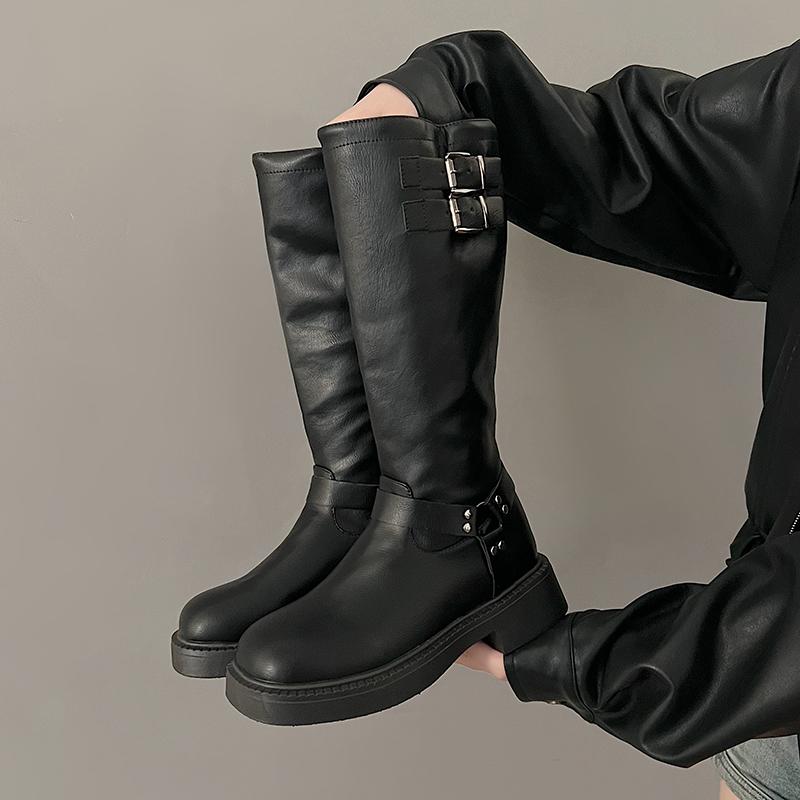 2024 Новые зимние джинсовые сапоги женские ретро коричневые с пряжкой на ремне круглые высокие сапоги длиной до колена