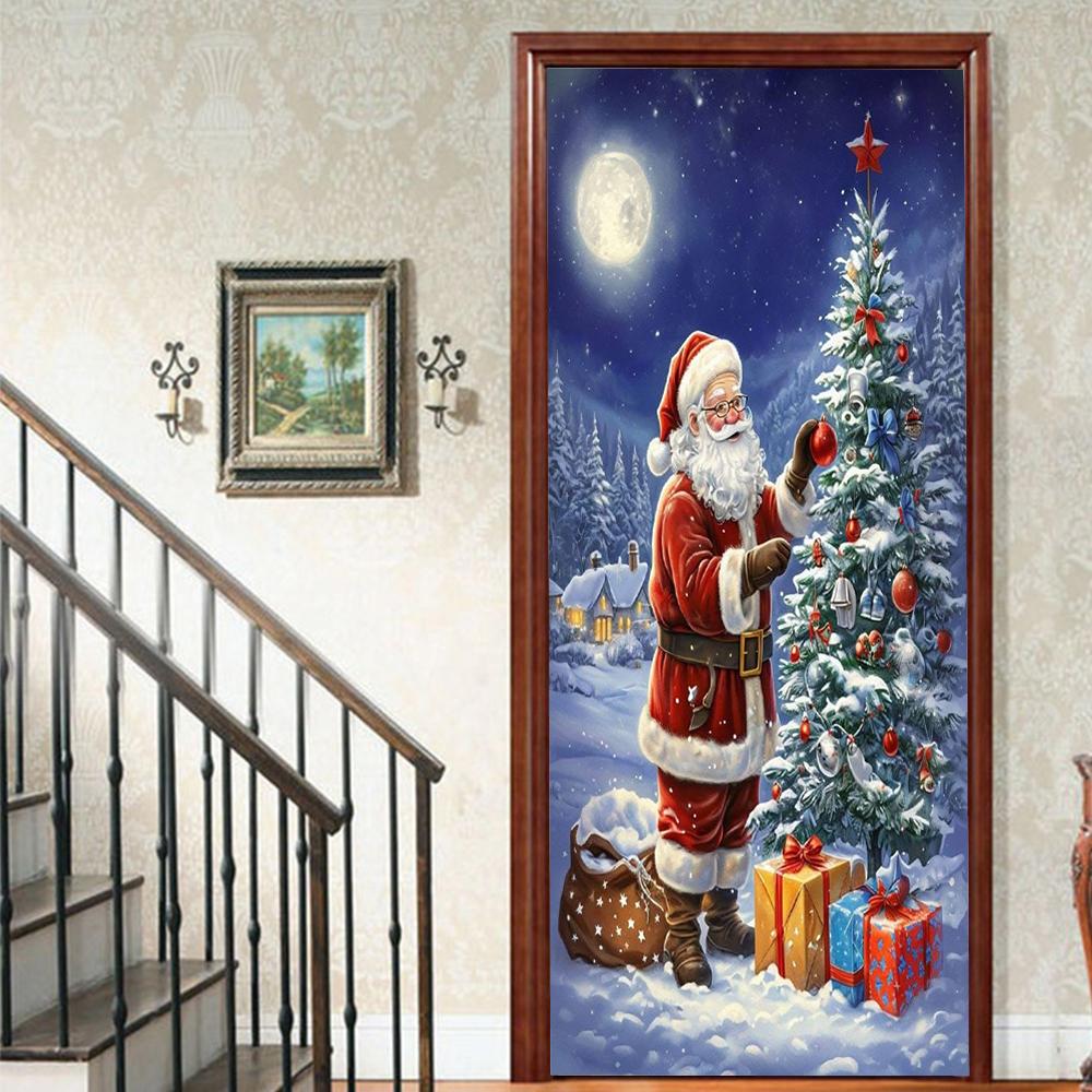 Рождественский Дед Мороз ПВХ Самоклеящаяся Водонепроницаемая Наклейка на Дверь Современная Имитация Фреска Обои Гостиная Кабинет Домашний Декор Искусство Постер на Дверь