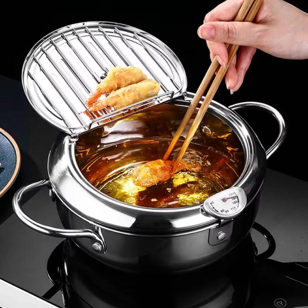2.2/3.2/4.2L Deep Frying Pot with Thermometer Fryer Pot Tempura Fryer Pan French Fries Frying