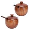 2Set Japanese Seasoning Jar Retro Wooden Condiment Container with Lid and Spoon for Kitchen