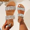 Women's Rhinestone Decor Slide Sandals, Casual Open Toe Flat Summer Shoes, Lightweight Double Strap Slide Sandals