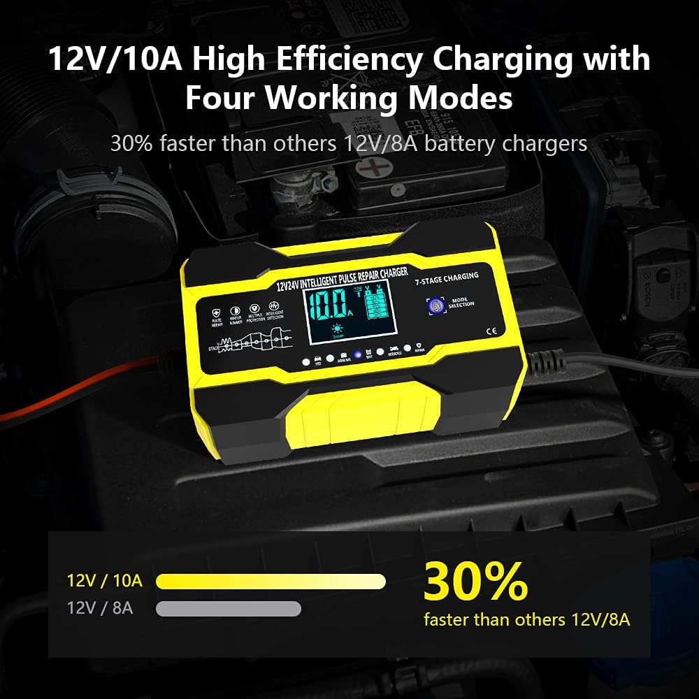10-Amp 12V Car Battery Charger, 24 Volt 5A Fully-Automatic Battery Charger with LCD Screen Pulse Repair