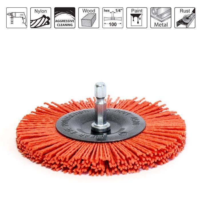 S&amp;R Brosse Abrasive Circulaire 100 mm en Nylon AGRESSIF à queue hexagonal 1/4 '(6.35 mm) Qualité Professionnelle