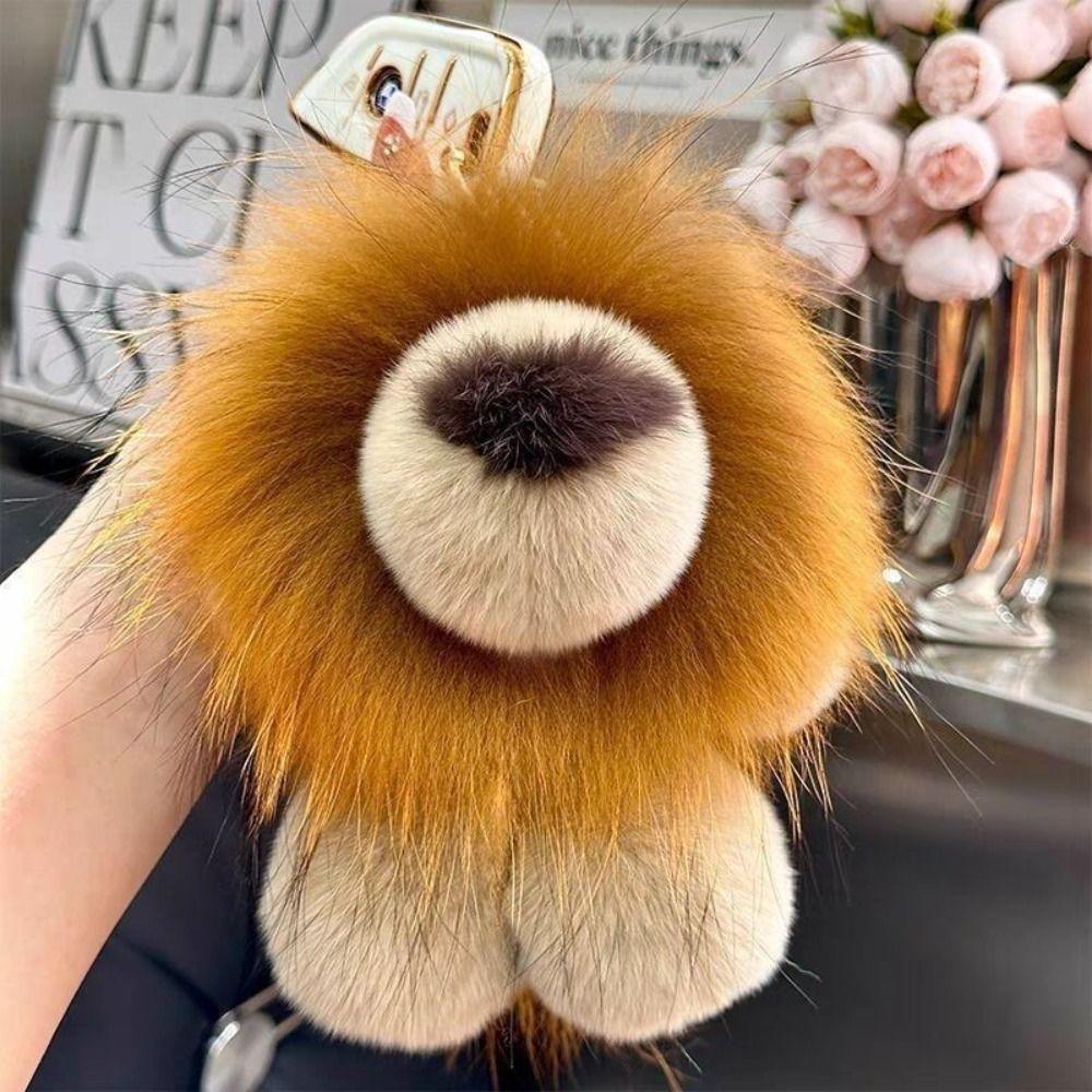 Cute Cartoon Rabbit Fur Keychain Small Lion Alloy Key Ring Pompon Bag Car Key Pendant