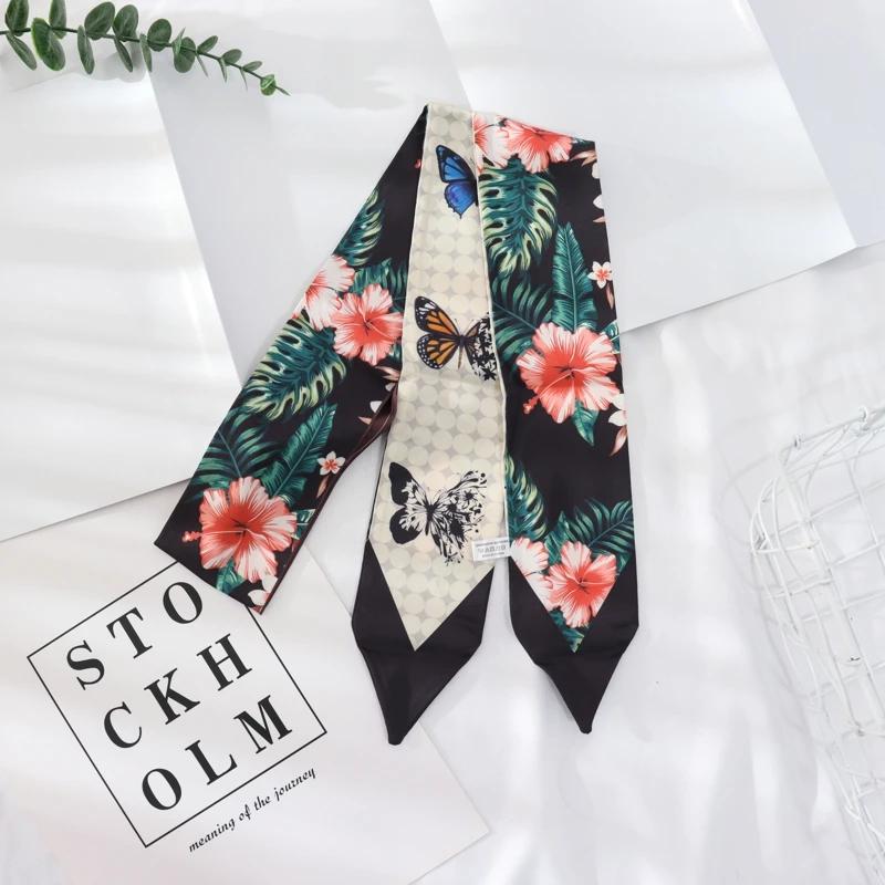 New Summer 130*7 Ins Small Hairband Lovely Print Long Silk Scarf Wrist Ribbon Skinny Scarf For Women
