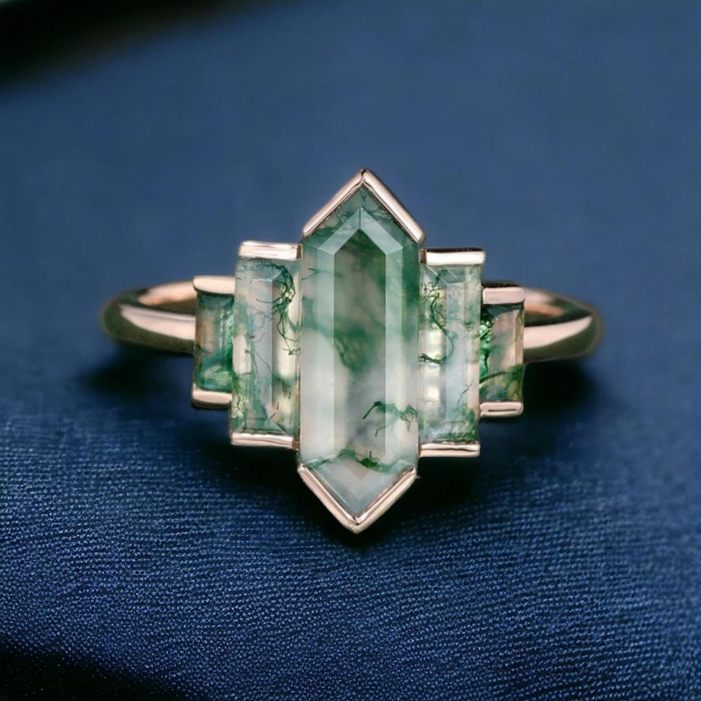 Vintage Art Deco Hexagon Moss Agate Ring: Rose Gold Plated Band: Baguette Bridal Promise Ring: Bridal Wedding Jewelry Gift for Her