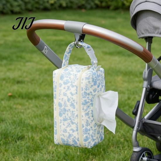 Baby Travel Accessories Quilted Diaper Wipes Bag with Hanging Strap, Dual Compartment Zipper Cosmetic Makeup Storage Portable Bag, Large Capacity