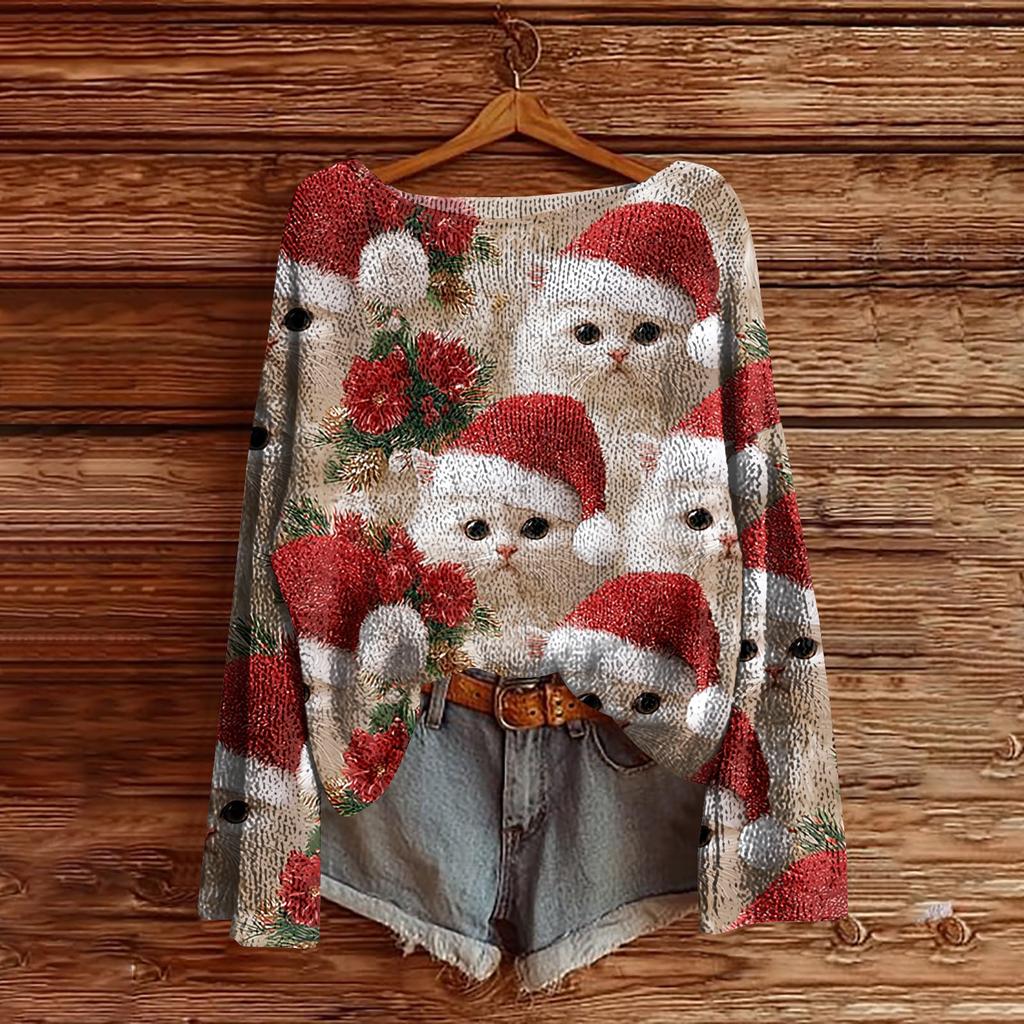 Women's Christmas Print Lightweight Sweater Casual Long Sleeve Knitted Pullover