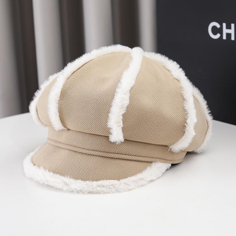 Thickened plush octagonal hat outdoor fashion cap female winter warm painter newsboy hat tide