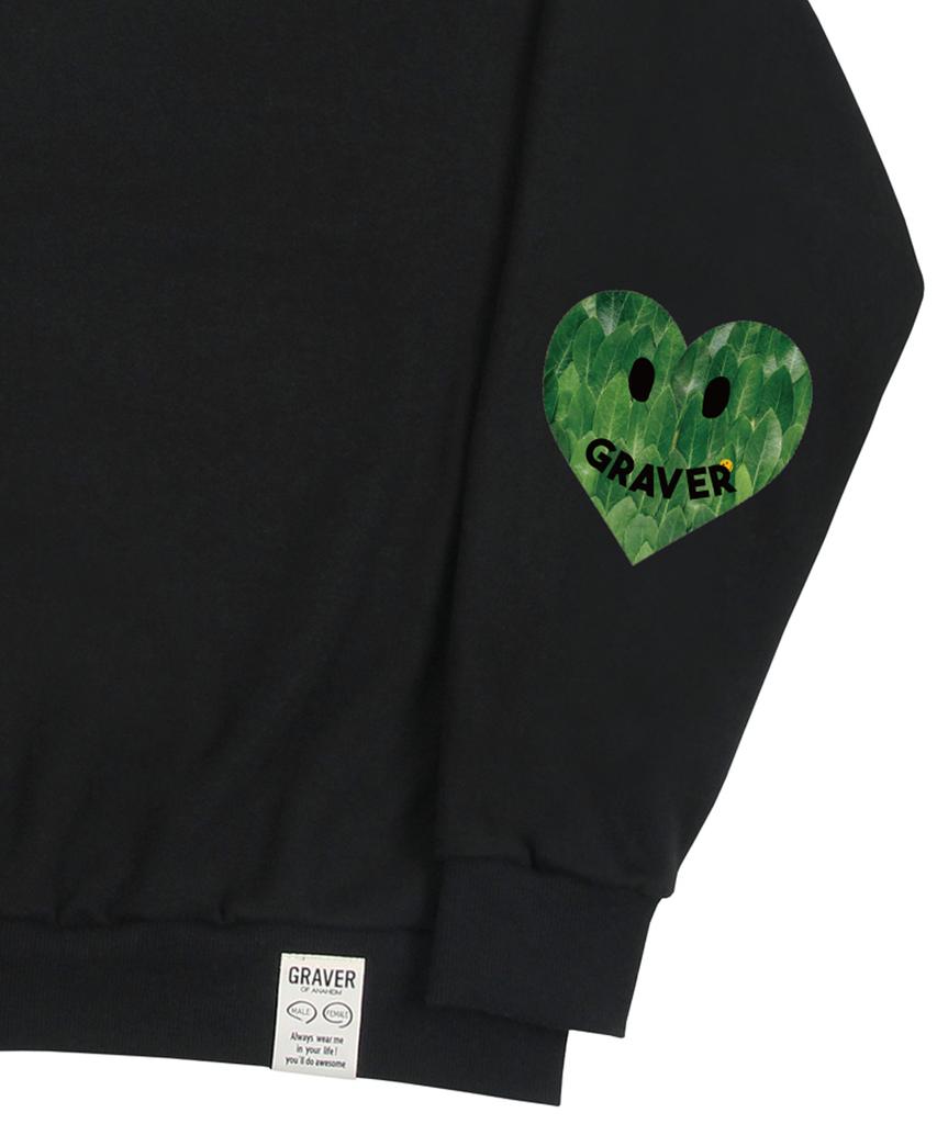 GRAVER [Unisex] Elbow Leaf Smile Heart Sweatshirt_Black